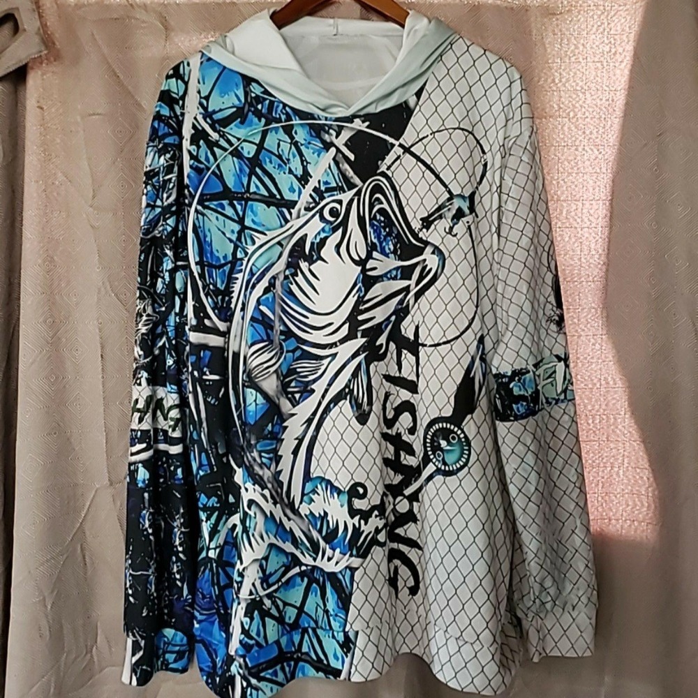Fishing Shirt Mens XL Multicolor Hooded Long Sleeve Graphic Tee Performance